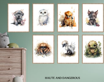 Set de 7 impresiones de arte para guardería con criaturas mágicas, decoración de guardería DIY, arte HP de mago, impresiones de criaturas mágicas, imprimibles de descarga digital