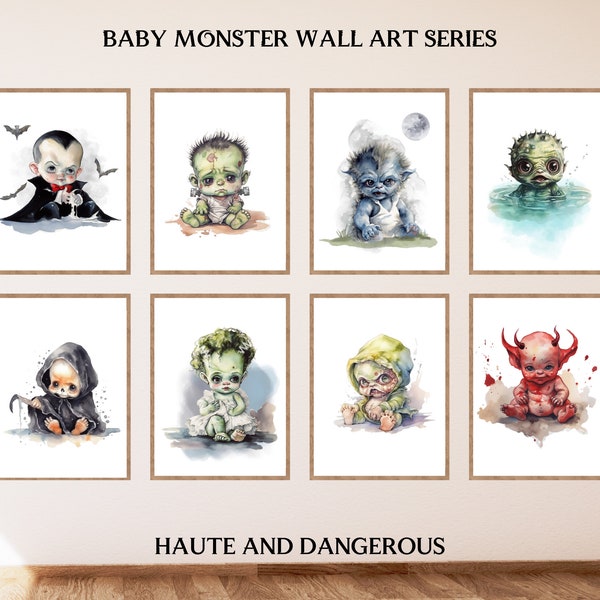 Baby Monster Nursery Art Printable, Universal Monsters, Spooky, Dracula vampire werewolf, digital download, Vintage Halloween Decorations