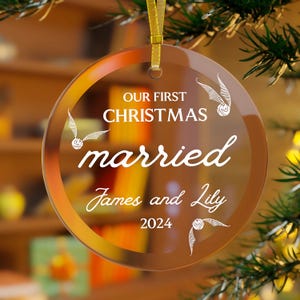 Glass Married Ornament, Custom Glass Wizard Ornament, Personalized Wedding Ornament w Names & Date, Our First Christmas HP Couple Ornament