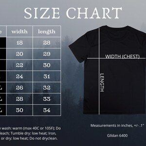 May include: Size chart for a t-shirt with measurements in inches. The chart shows the width and length of the shirt in different sizes, from S to 4XL. The chart also includes instructions for washing and drying the shirt. The text on the chart reads "Size Chart", "Width (Chest)", "Length", "Machine wash: warm (max 40C or 105F); Do not bleach; Tumble dry: low heat; Iron, steam or dry: low heat; Do not dryclean.", "Measurements in inches, +/- .1"", and "Gildan 6400".