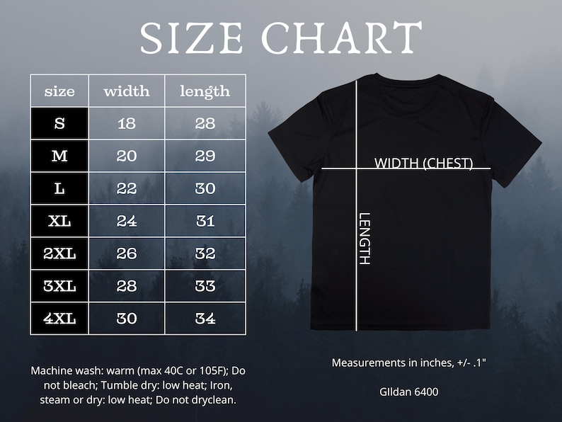 May include: Size chart for a t-shirt with measurements in inches. The chart shows the width and length of the shirt in different sizes, from S to 4XL. The chart also includes instructions for washing and drying the shirt. The text on the chart reads "Size Chart", "Width (Chest)", "Length", "Machine wash: warm (max 40C or 105F); Do not bleach; Tumble dry: low heat; Iron, steam or dry: low heat; Do not dryclean.", "Measurements in inches, +/- .1"", and "Gildan 6400".