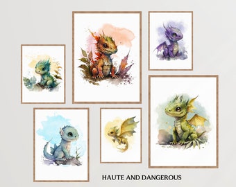 Juego de 8 impresiones de arte infantil de dragones, decoración infantil DIY, arte de dragones bebés, impresiones de criaturas míticas, descargas digitales de cuentos de hadas de castillos.