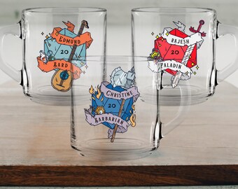 Personalized DnD Glass Mug w Name / class Customizable Dungeons and Dragons D20 Personalized D&D Gifts dice Custom Gifts wedding holiday