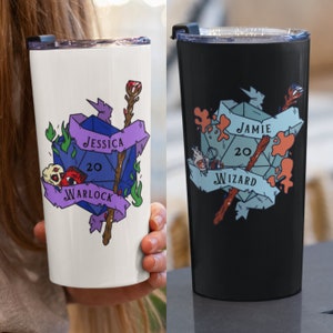 Personalized DnD Travel Mugs w Name - Customizable Dungeons Dragons Class Tumbler Personalized D&D Class Gifts w dice Custom Gift Christmas