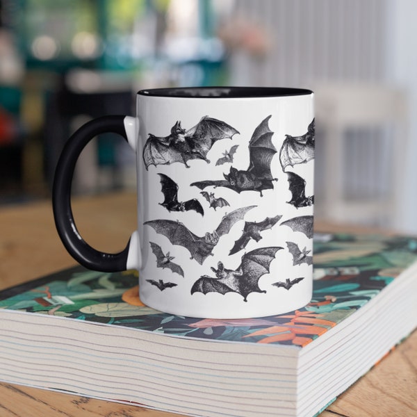 Vintage Halloween Bats Collage Mug, Spooky Decor, Dark Academia Mug, Gothic Mug, Freakin Bats, Baby Bats Art, Halloween Decor, Spooky Mug,