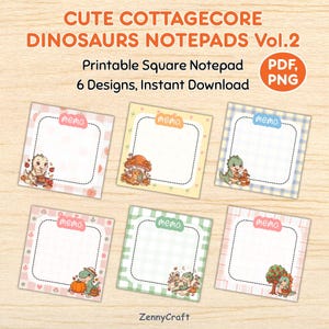 以下が含まれることがあります： 漫画の恐竜とテキスト CUTE COTTAGECORE DINOSAURS NOTEPADS Vol.2, Printable Square Notepad, 6 Designs, Instant Download, PDF, PNG, memo が描かれた6つの正方形の印刷可能なメモ帳。各メモ帳にはユニークなパステルカラーのパターンがあります。