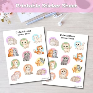 Kawaii Kitten Sticker Sheet Printable Cute Cat Stickers Digital Animal Planner Decals Journaling Supplies Pet Lover Gift Instant Download