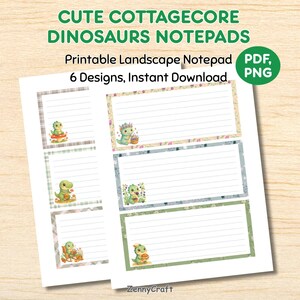 Puede incluir: Un conjunto de blocs de notas horizontales imprimibles con seis diseños distintos con ilustraciones de dinosaurios verdes. El texto dice CUTE COTTAGECORE DINOSAURS NOTEPADS, Printable Landscape Notepad, 6 Designs, Instant Download, PDF, PNG, ZennyCraft.