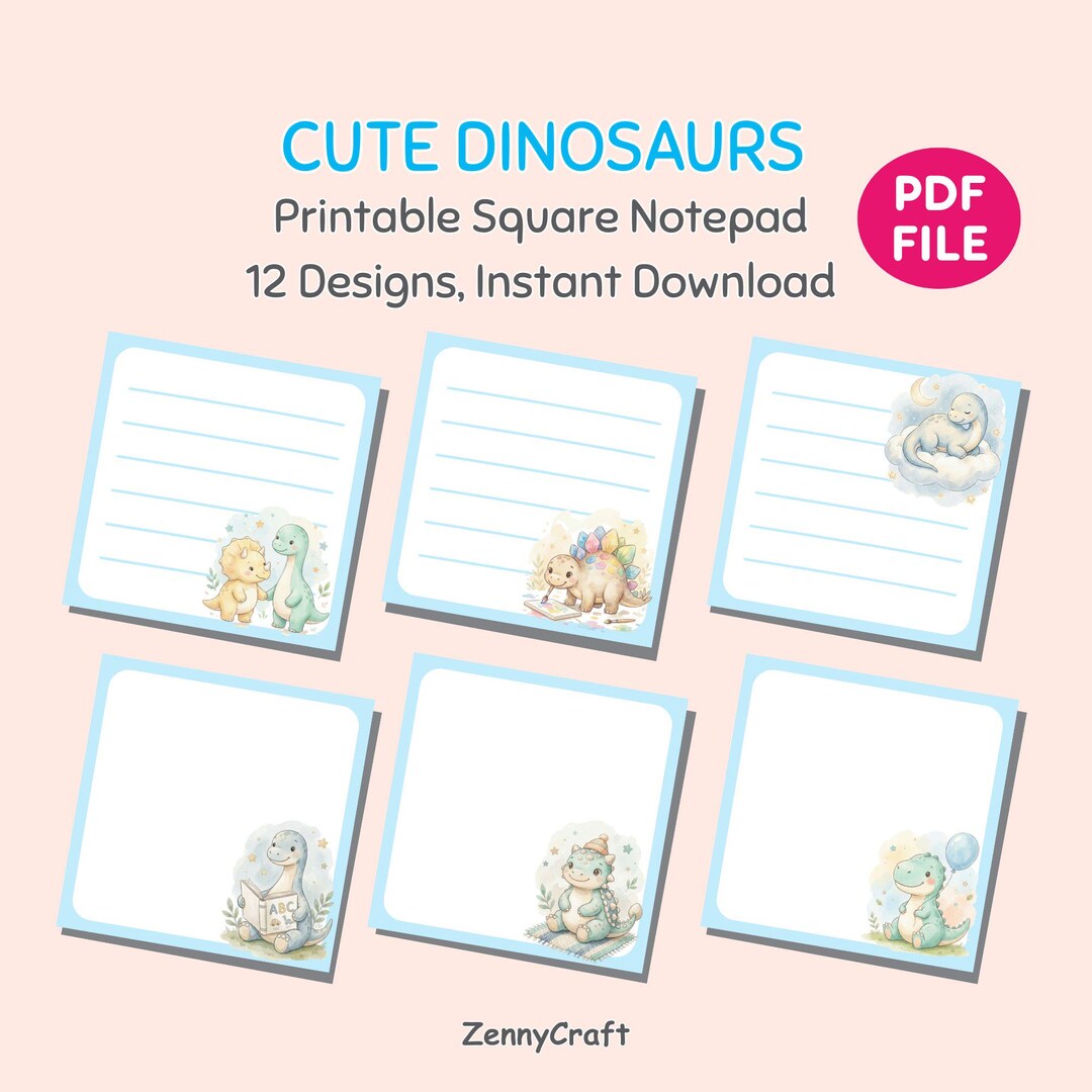 Cute Dinosaur Printable Notepad PDF, Kawaii Watercolor Dino Notes ...
