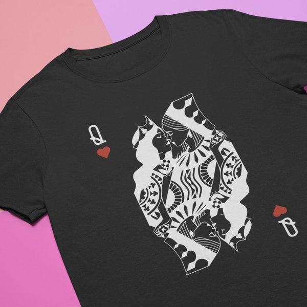 Lesbian Queen Shirt | Queer Nation Femme Fatale Butch Tomboy Vintage Draw Card Game Girls Cartoon | Black Short-Sleeve Unisex T-Shirt