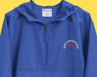 GAY LIBERATION Embroidered Champion Packable Jacket | Vintage Queer Nation Clothing Gay Wear LGBTQ Style | Royal Blue Streetwear Windbreaker