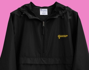 QUEER Embroidered Champion Packable Jacket | Queer Nation Tomboy Clothing Gay Wear LGBTQ Style | Black Streetwear Windbreaker