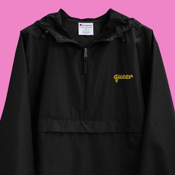 QUEER Embroidered Champion Packable Jacket | Queer Nation Tomboy Clothing Gay Wear LGBTQ Style | Black Streetwear Windbreaker