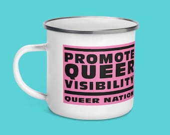 Promote Queer Visibility Mug | Vintage Poster Queer Revolution Gay Liberation LGBTQ Pride | White Enamel Cofffe Mug