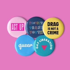 Paquete de 5 botones y pins del Orgullo LGBTQ: Derechos de Liberación Gay Queer