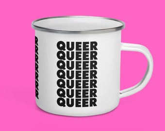 Queer Repeat Mug | Winter HoliGay Gift LGBTQ Pride Tomboy Minimalist Queerness Revolution | White Enamel Coffee Mug