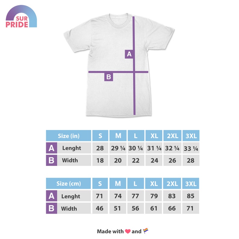 Pu&ograve; includere: Tabella delle taglie per una t-shirt con misure in pollici e centimetri. La tabella mostra la lunghezza e la larghezza della t-shirt in diverse taglie, dalla S alla 3XL.