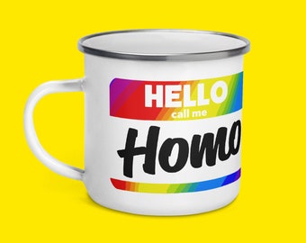 HELLO Call Me HOMO Sticker Style | Enamel Mug