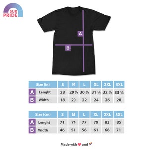 May include: Size chart for a t-shirt in inches and centimetres. The chart shows the measurements for the length and width of the shirt in sizes small, medium, large, extra large, 2XL, and 3XL.