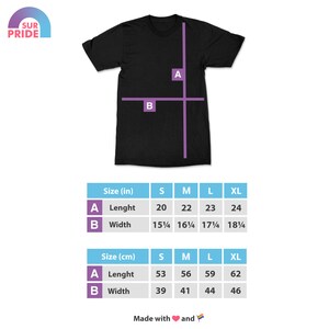 May include: Size chart for a t-shirt showing measurements in inches and centimetres. The chart shows the length and width of the shirt in sizes S, M, L, and XL.
