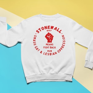 Stonewall Gay Riot Sweatshirt | LGBTQ+ Protest Queer Riot Vintage Wear Tomboy Tee Clothing | White Unisex Active