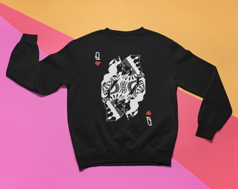 Lesbian Queen Sweatshirt | Queer Nation Femme Fatale Butch Tomboy Vintage Draw Card Game Girls Cartoon | Black Unisex Jumper