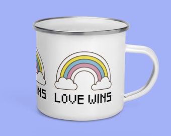 Love Wins Rainbow Mug: LGBTQ Pride Pixel Art Enamel Mug