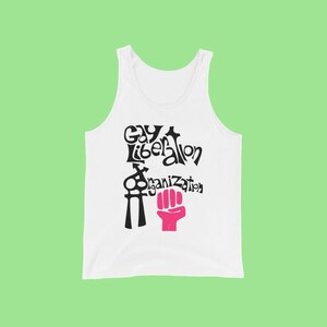 May include: White tank top with a black and pink graphic print that says "Gay Liberation Organization" with a raised fist.