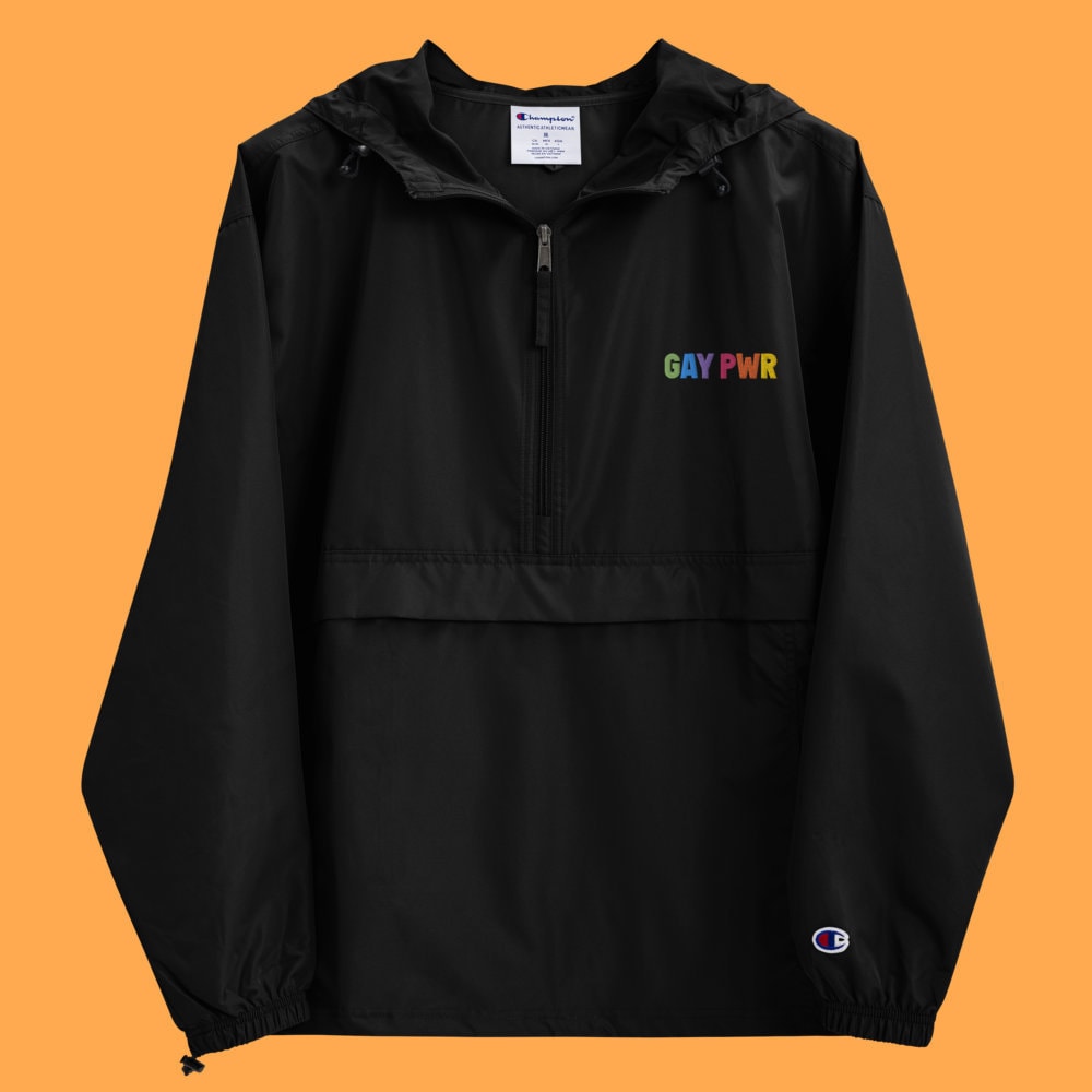 GAY POWER Embroidered Champion Packable Jacket | Vintage Queer Nation Clothing Gay Wear LGBTQ Style | Black Streetwear Windbreaker