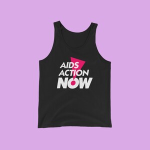 May include: Black tank top with a white graphic that says "AIDS ACTION NOW" with a pink exclamation point.