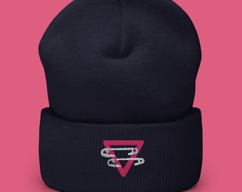 Embroidered Pink Triangle Beanie: LGBTQ Pride Cuffed Knit Cap