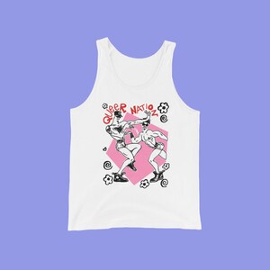 May include: White tank top with a black and white illustration of two men dancing. The illustration is surrounded by pink hearts, flowers, and the text "Queer Nation".