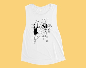 Lesbian Cartoon Tank Top | Girls Vintage Cartoon Lesbian Flirt Shirt Lgbt Queer Love | White Women's Muscle Tank