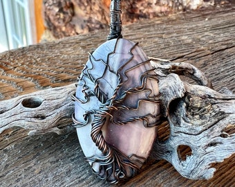 RESERVED FOR INGRID <———-  Porcelain Jasper Tree of Life Pendant, Antiqued Copper Necklace, Tree of Life Necklace