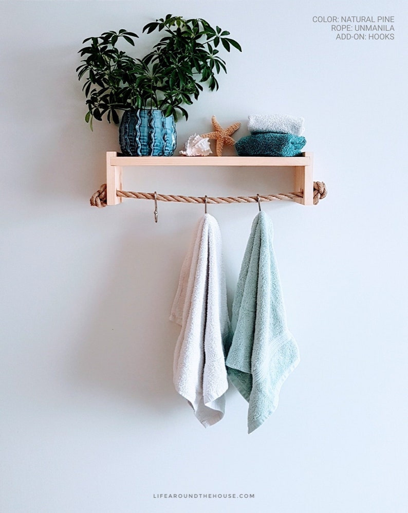 Floating Wood Rope Shelf with Hanging Hooks Handmade Etsy