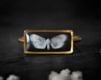 Gothic white moth on dark ring, Victorian jewelry, Goth jewelry, Moths jewelry, Black and white painted ring, Crimson Peak, Weird ring