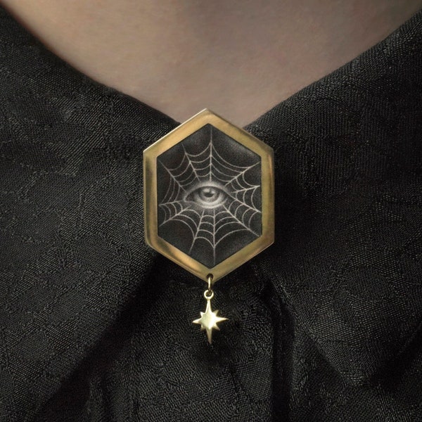 Victorian Gothic brooch eye in spider's web, antique cameo style, lovers eye inspired, Queen of the Night from The Magic Flute, Witchcore