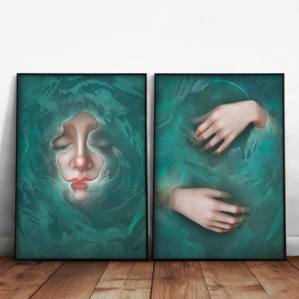 Victorian hand and portrait of Ophelia, 2 surreal posters, Hamlet by Shakespeare, Shakespearian posters, poetic decor, Moody wall art