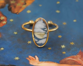 Anello viso lunare, gioielli vittoriani e fantasy, anello da favola notturno, uomo sulla luna, gioielli lunari vintage per gli amanti delle streghe, anello celeste