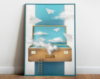 Surreal travel poster | Journey of dreams | Sky and clouds wall decor | Clouds art print poster | Dream sky room decor | Hippie style decor