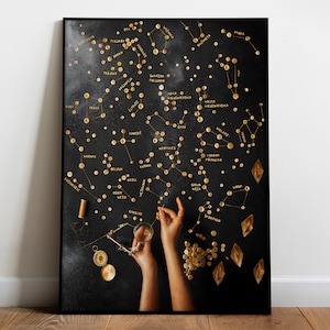 Gold Constellation Poster | Zodiac poster | Surreal Northern Starry Sky Poster | Space Art Print | Witchy Decor | Dark Academia Art Poster