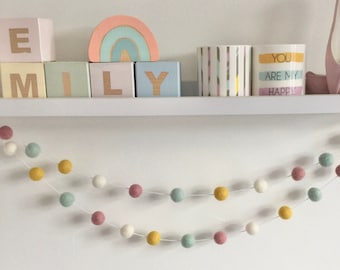 Felt Ball Garland: Pink, Mint, Mustard Wool Pom Poms