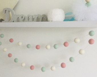 Pink mint and white  felt ball garland / nursery garland  / wool Pom Pom nursery garland baby shower bunting, party decoration