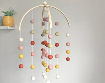 Muted Rainbow felt ball Pom Pom mobile - arched mobile- baby nursery mobile - felt ball nursery decor - crib mobile - colourful baby mobile