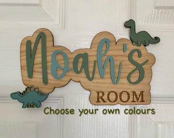 Personalised Dinosaur name Sign: Layered Oak Wood & Acrylic Nursery Decor / Acrylic Dinosaur Nursery Decor