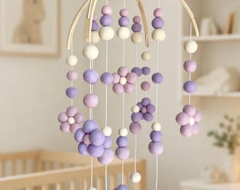 Lilac daisy baby mobile: Felt Ball Nursery Decor - baby shower gift