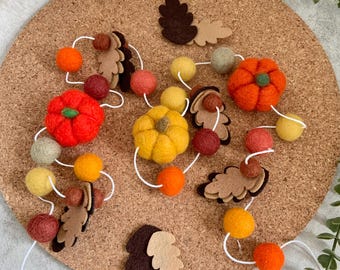 Felt Pumpkin Garland, Autumn Leaf & Wool Ball Decor
