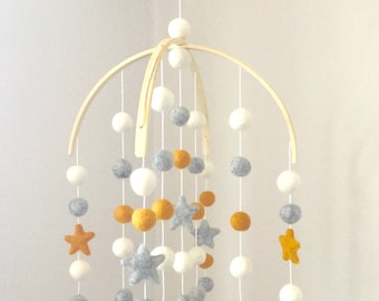 Mustard Star Felt Ball Nursery Mobile: Grey Pom Pom Decor