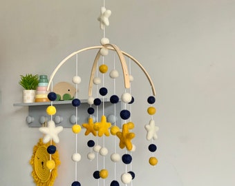 Felt Ball Nursery Mobile: Mustard, Navy & White Pom Poms with Stars
