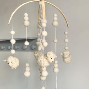 Elegant Ivory sheep felt mobile with clouds/ sheep felt ball mobile / neutral baby mobile